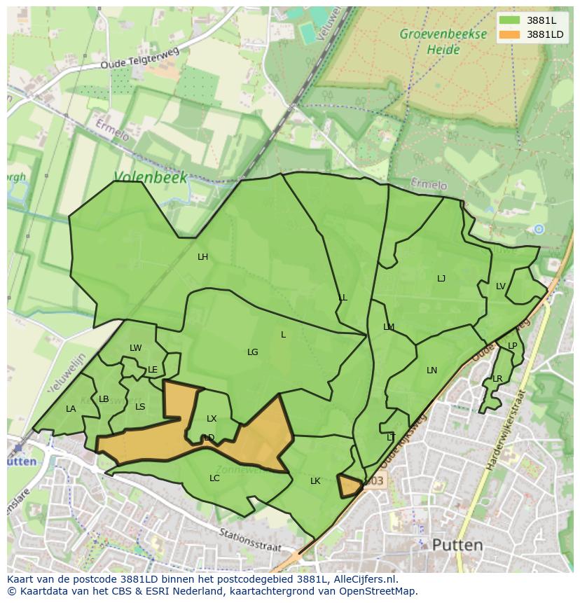 Afbeelding van het postcodegebied 3881 LD op de kaart.