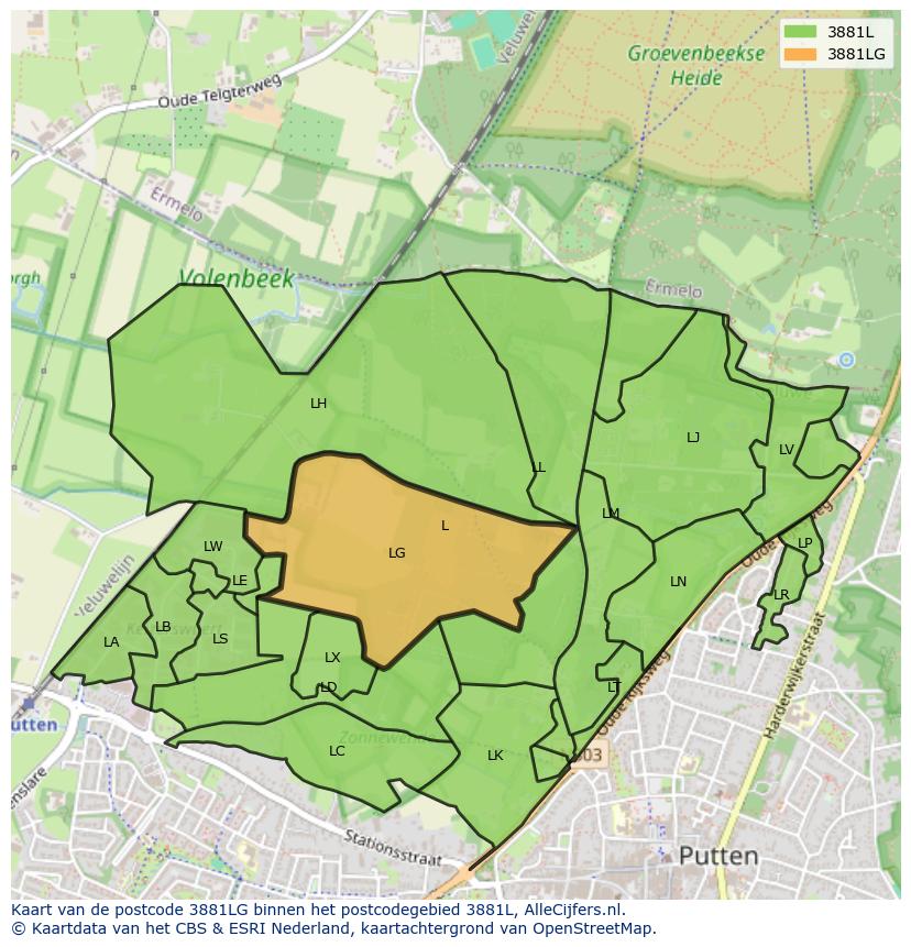 Afbeelding van het postcodegebied 3881 LG op de kaart.