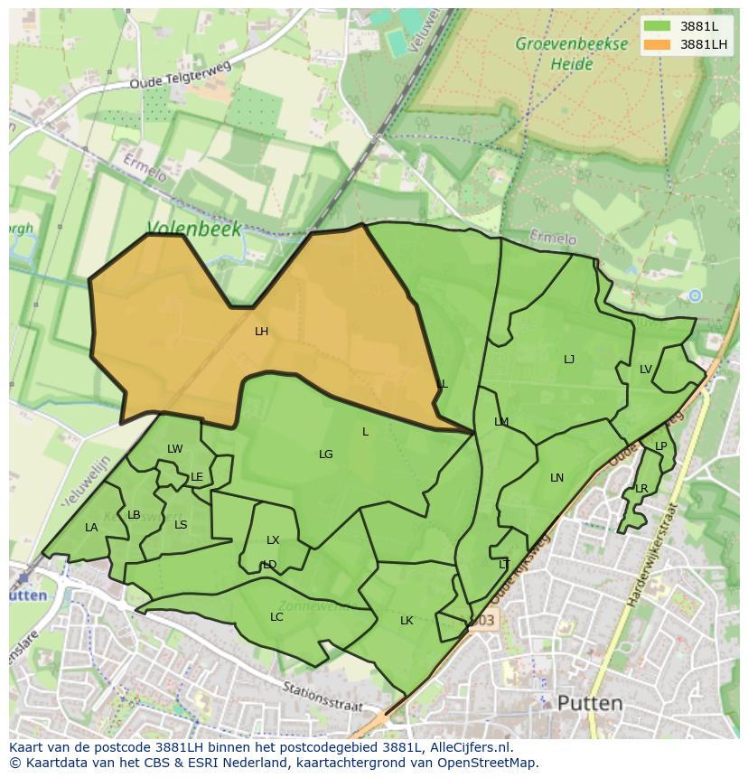 Afbeelding van het postcodegebied 3881 LH op de kaart.