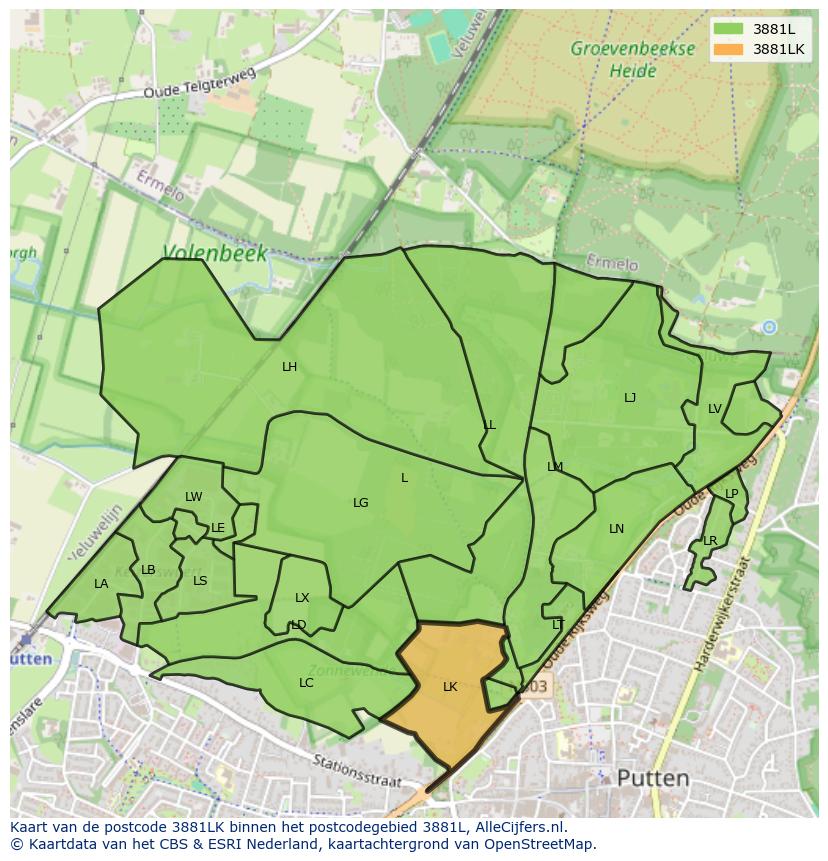 Afbeelding van het postcodegebied 3881 LK op de kaart.