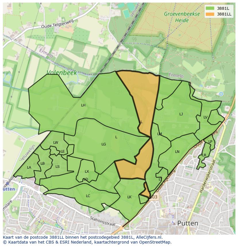 Afbeelding van het postcodegebied 3881 LL op de kaart.