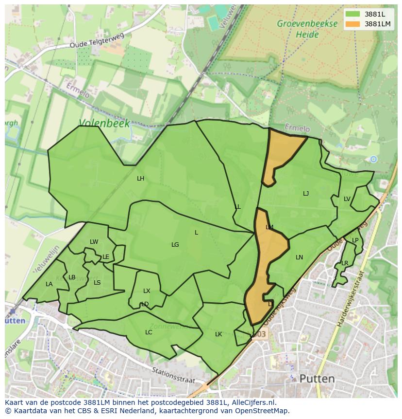 Afbeelding van het postcodegebied 3881 LM op de kaart.