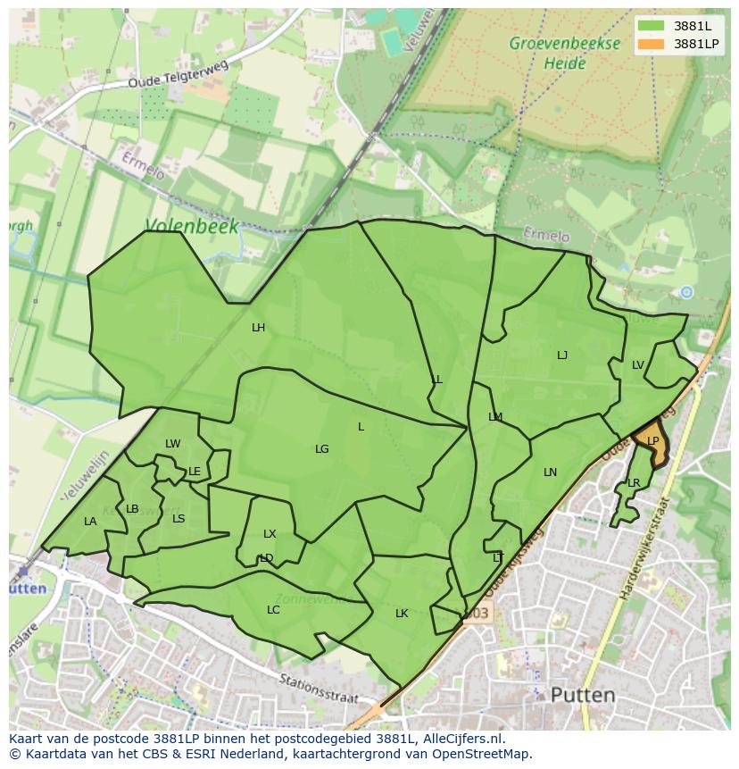 Afbeelding van het postcodegebied 3881 LP op de kaart.