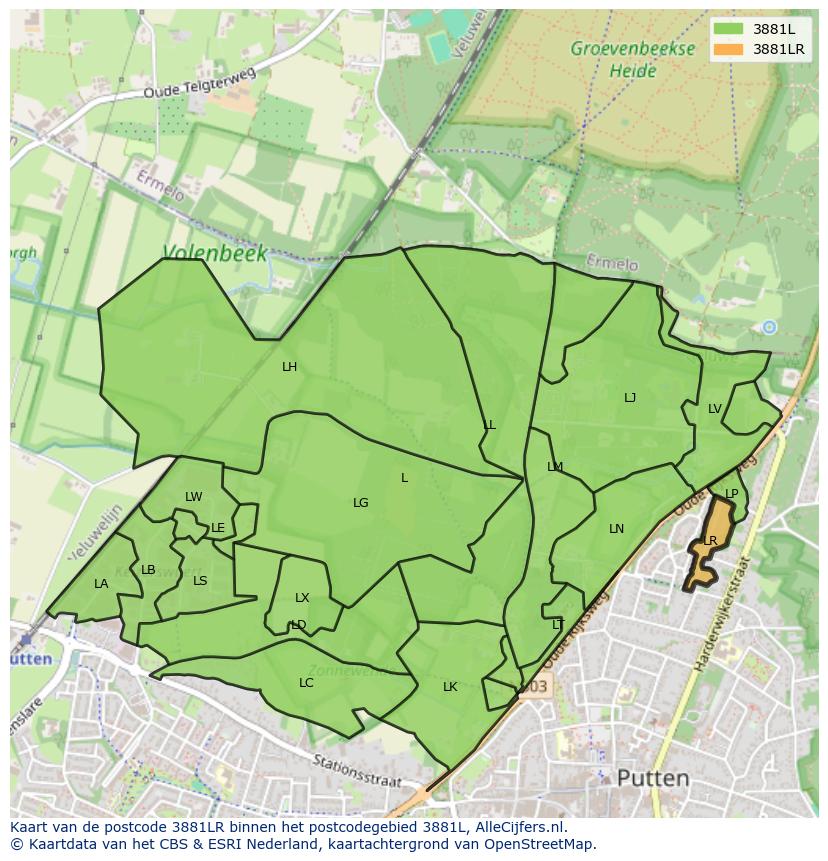 Afbeelding van het postcodegebied 3881 LR op de kaart.