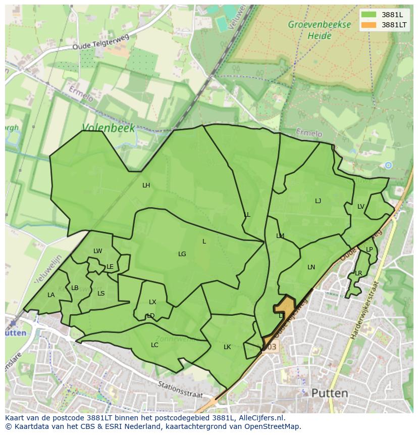 Afbeelding van het postcodegebied 3881 LT op de kaart.