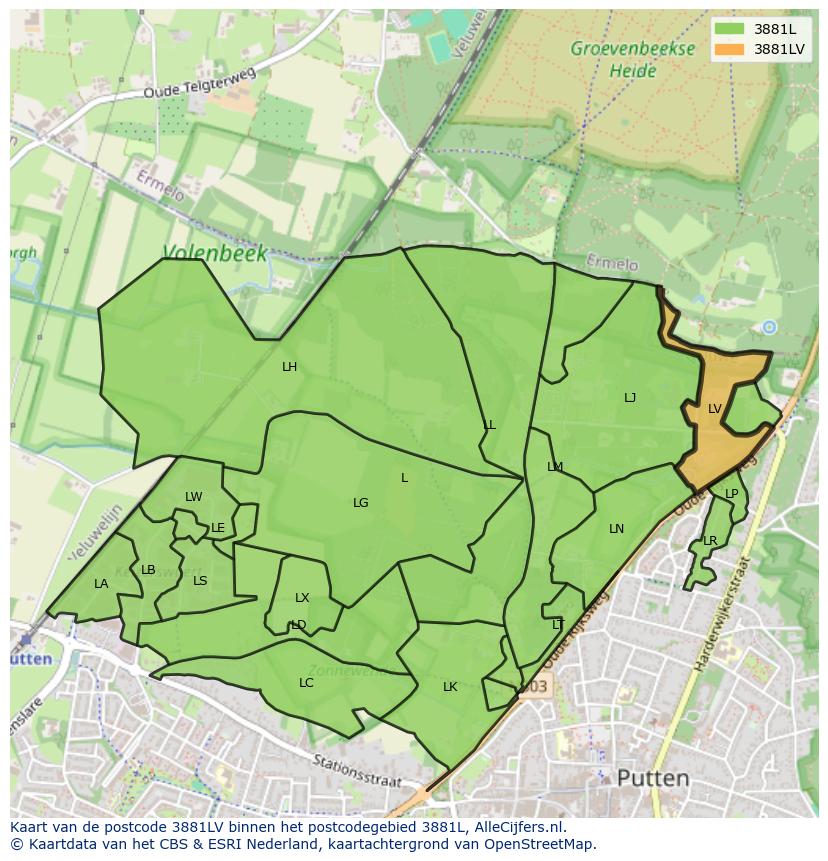 Afbeelding van het postcodegebied 3881 LV op de kaart.