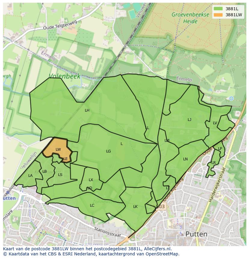 Afbeelding van het postcodegebied 3881 LW op de kaart.