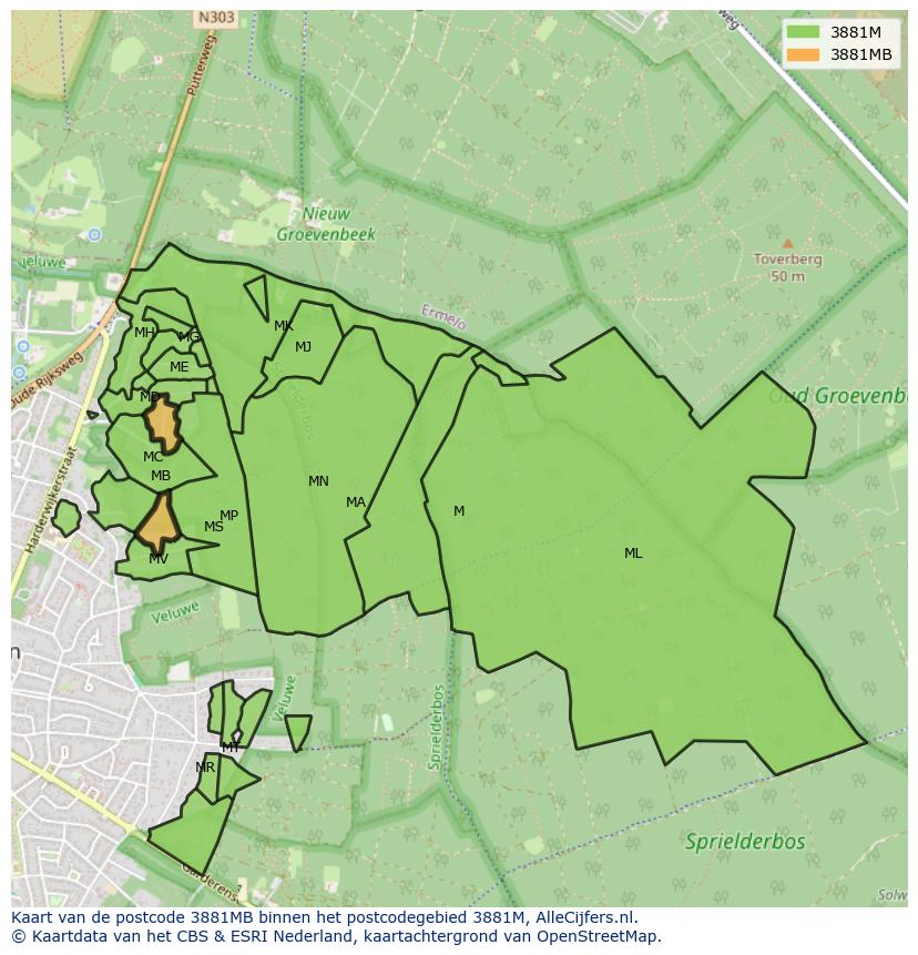 Afbeelding van het postcodegebied 3881 MB op de kaart.