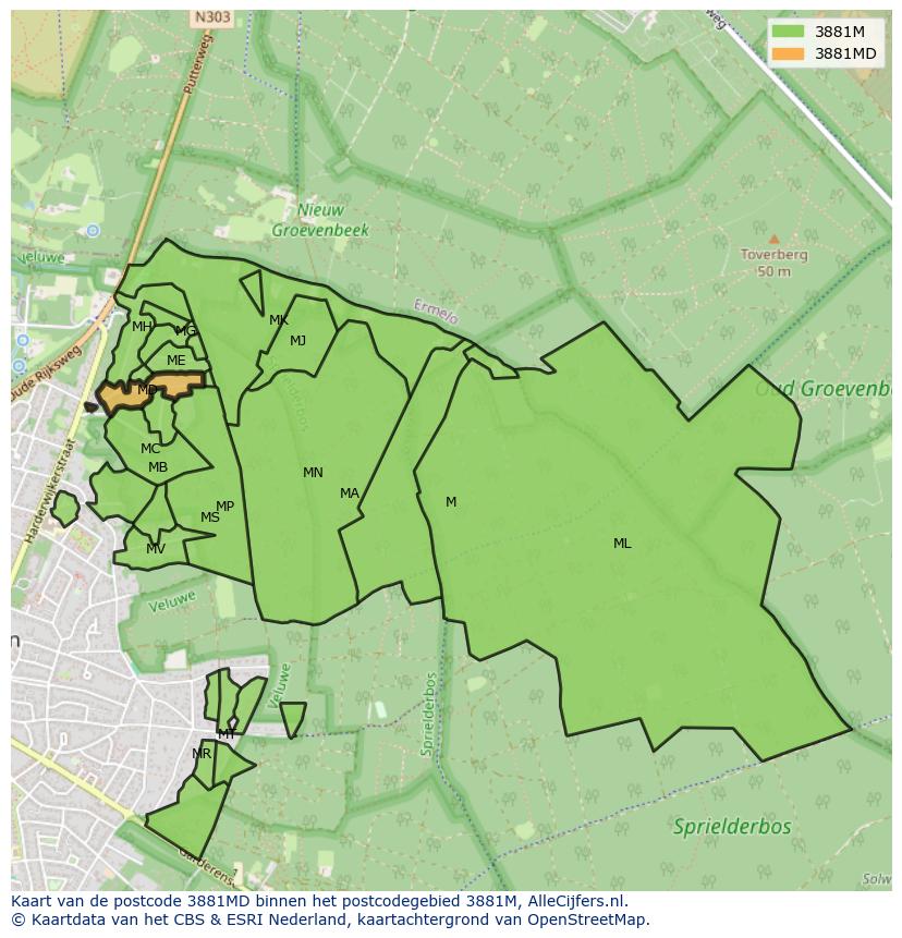 Afbeelding van het postcodegebied 3881 MD op de kaart.