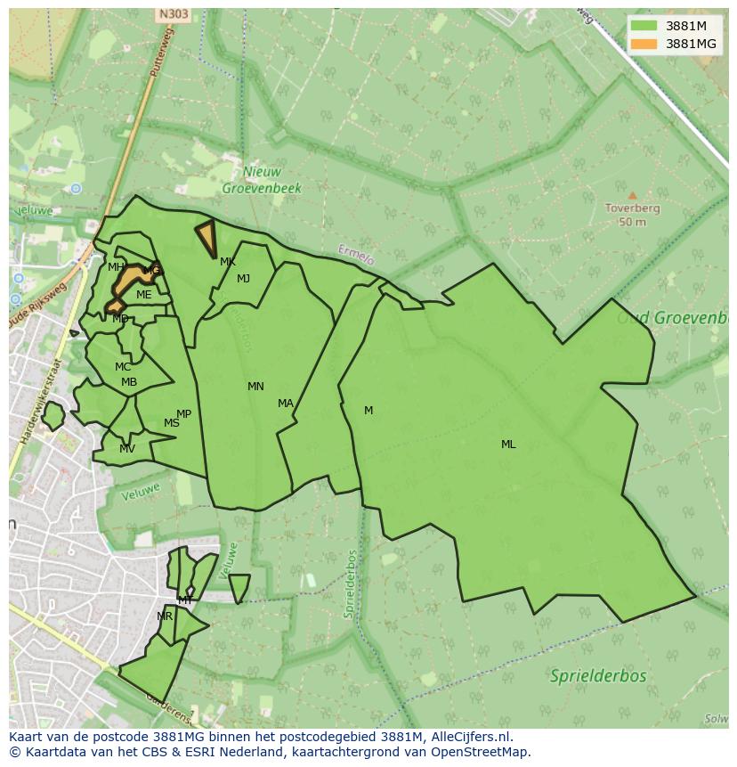 Afbeelding van het postcodegebied 3881 MG op de kaart.