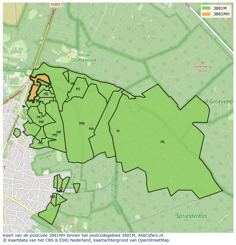 Afbeelding van het postcodegebied 3881 MH op de kaart.