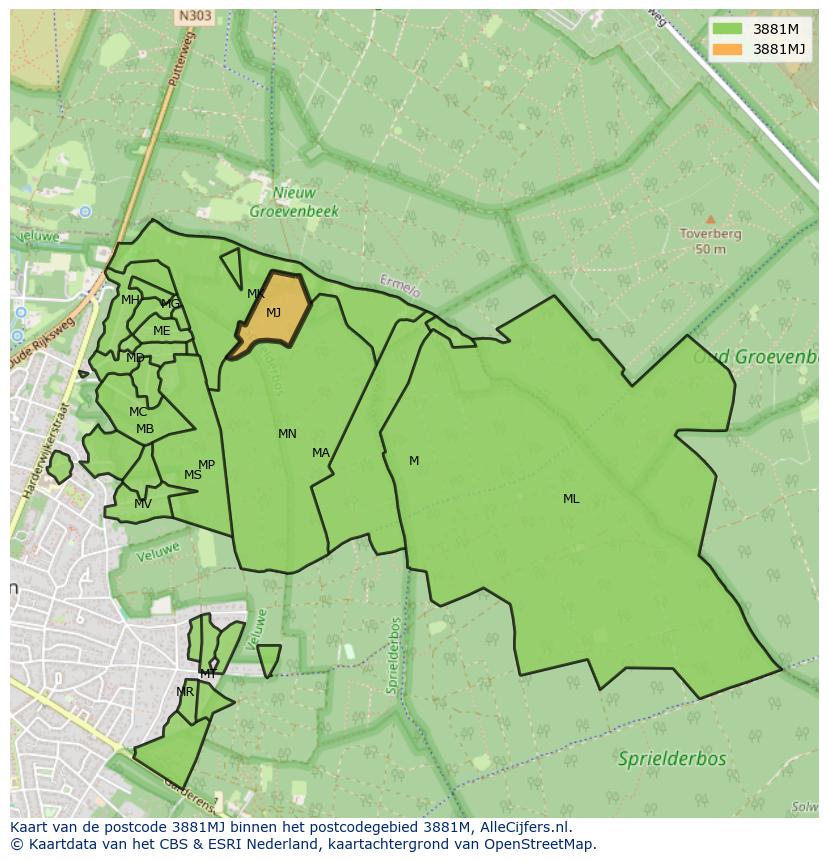 Afbeelding van het postcodegebied 3881 MJ op de kaart.