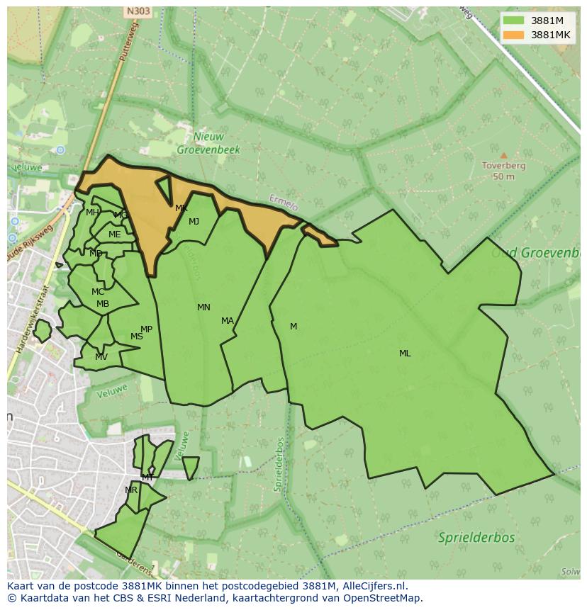 Afbeelding van het postcodegebied 3881 MK op de kaart.