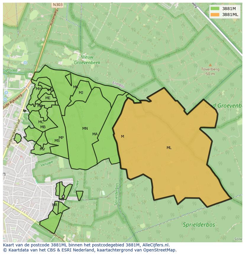 Afbeelding van het postcodegebied 3881 ML op de kaart.