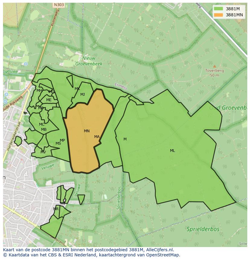 Afbeelding van het postcodegebied 3881 MN op de kaart.