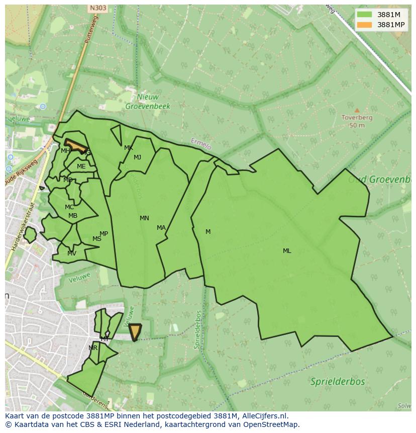 Afbeelding van het postcodegebied 3881 MP op de kaart.