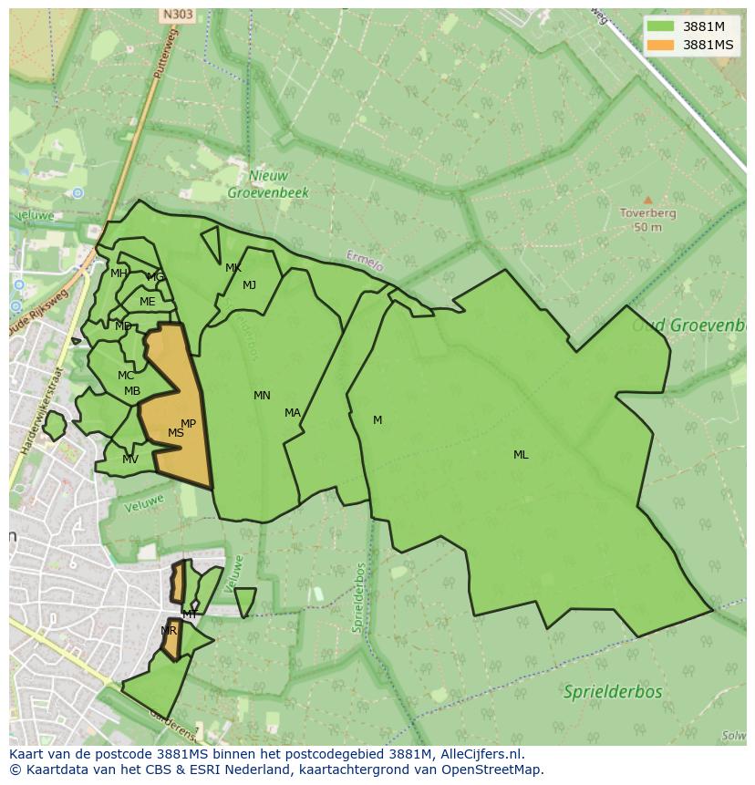 Afbeelding van het postcodegebied 3881 MS op de kaart.