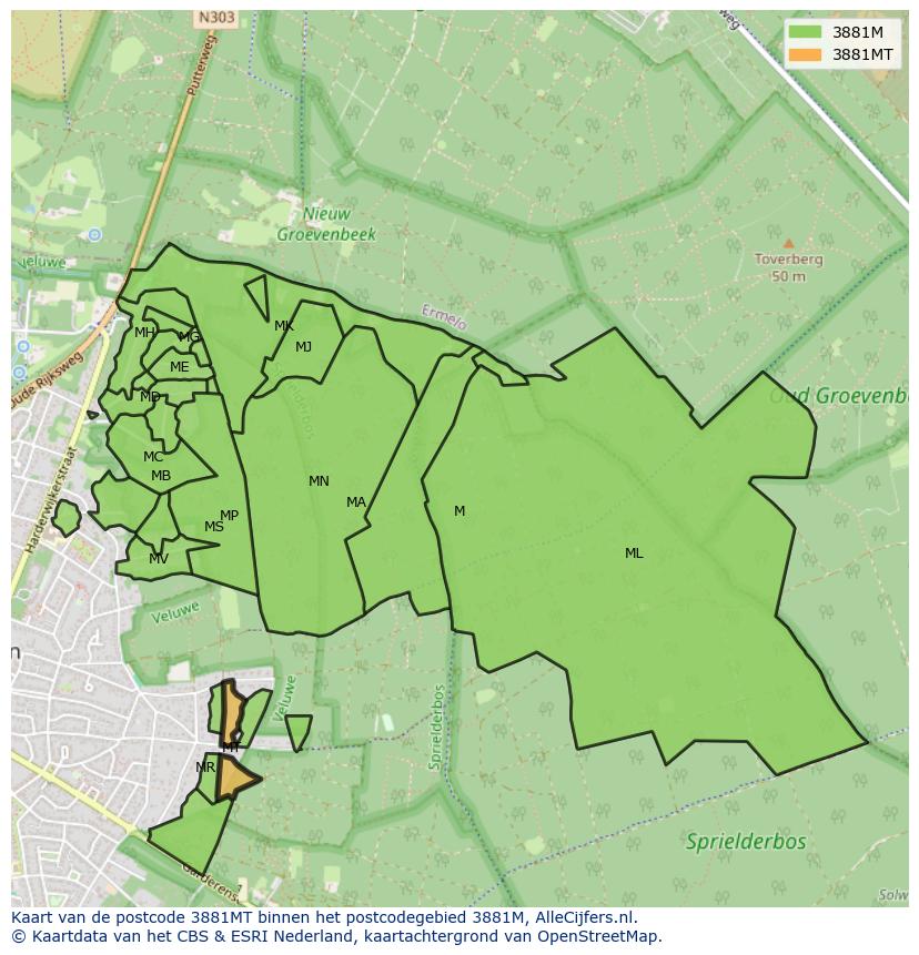 Afbeelding van het postcodegebied 3881 MT op de kaart.