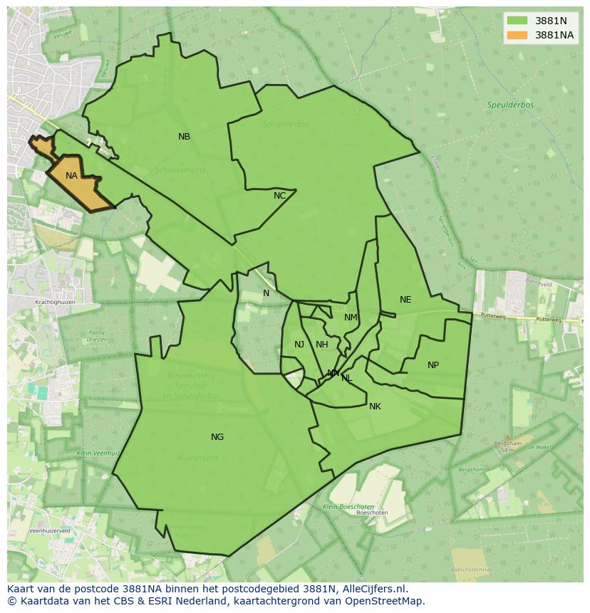 Afbeelding van het postcodegebied 3881 NA op de kaart.