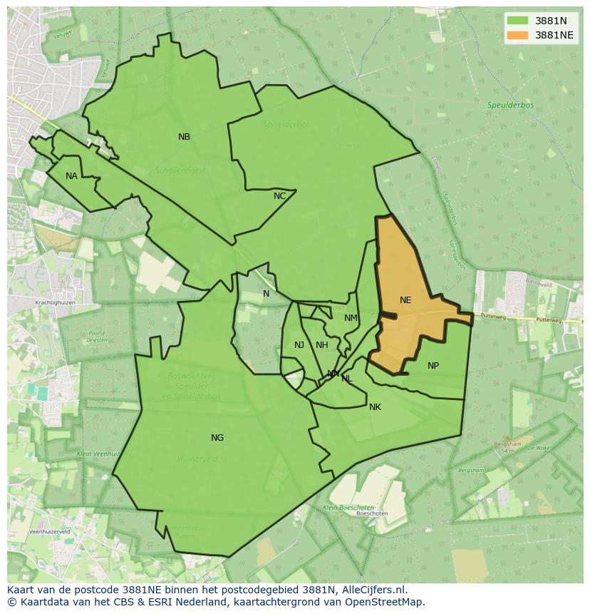Afbeelding van het postcodegebied 3881 NE op de kaart.