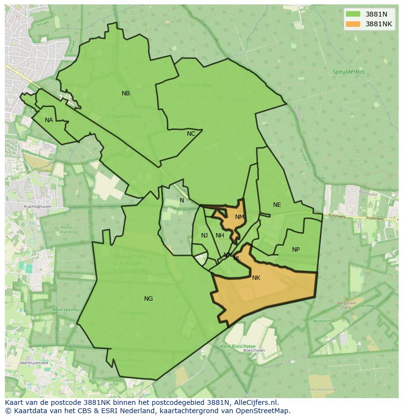 Afbeelding van het postcodegebied 3881 NK op de kaart.