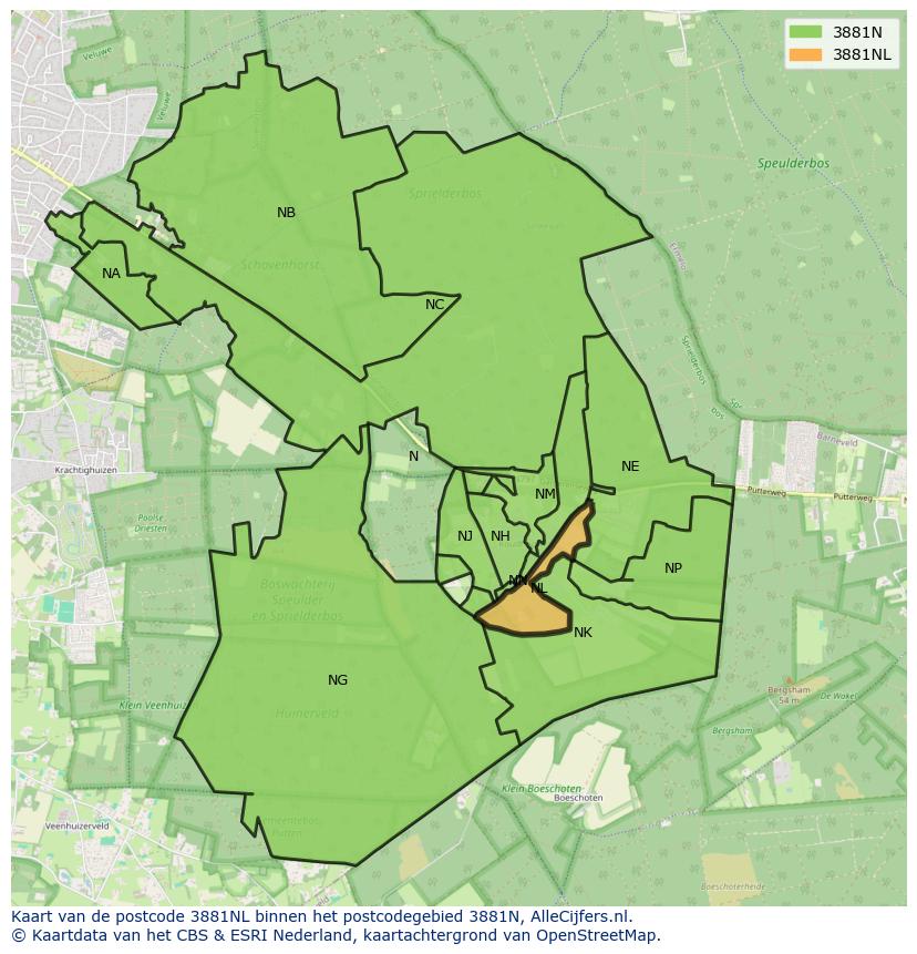 Afbeelding van het postcodegebied 3881 NL op de kaart.