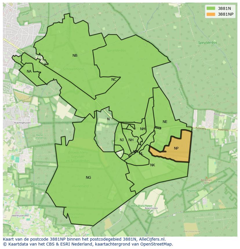 Afbeelding van het postcodegebied 3881 NP op de kaart.