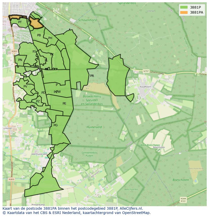 Afbeelding van het postcodegebied 3881 PA op de kaart.