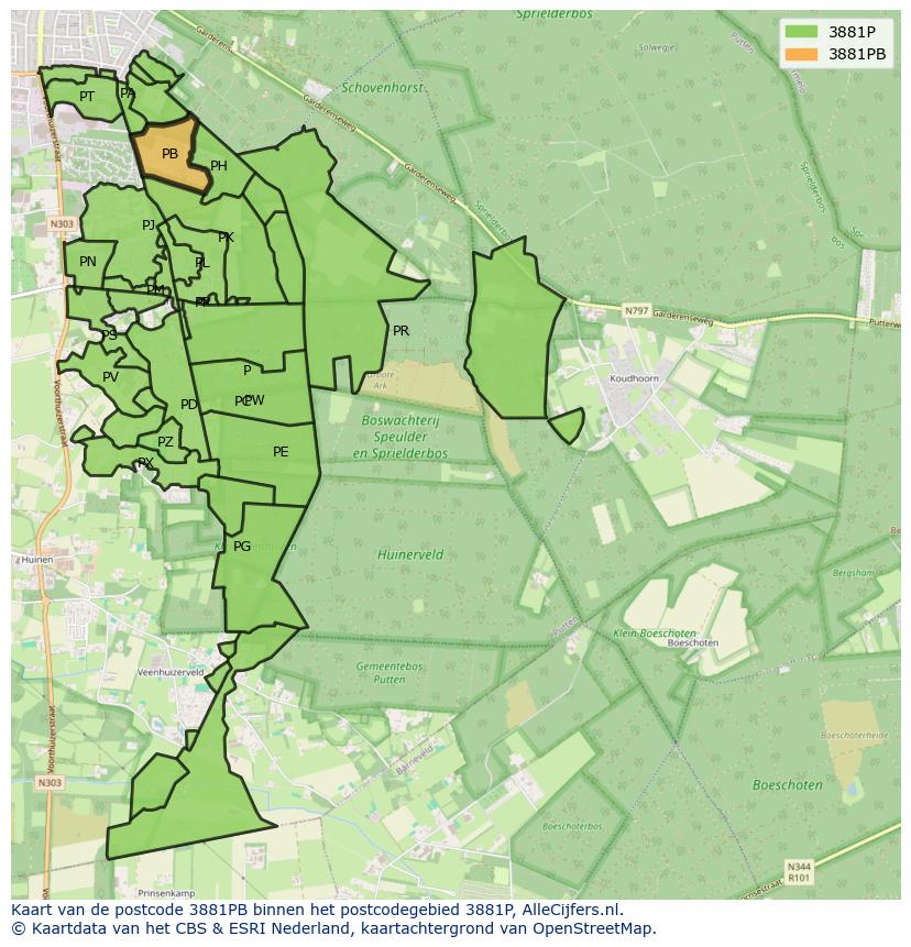 Afbeelding van het postcodegebied 3881 PB op de kaart.