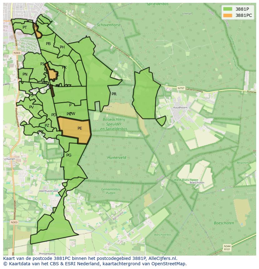 Afbeelding van het postcodegebied 3881 PC op de kaart.
