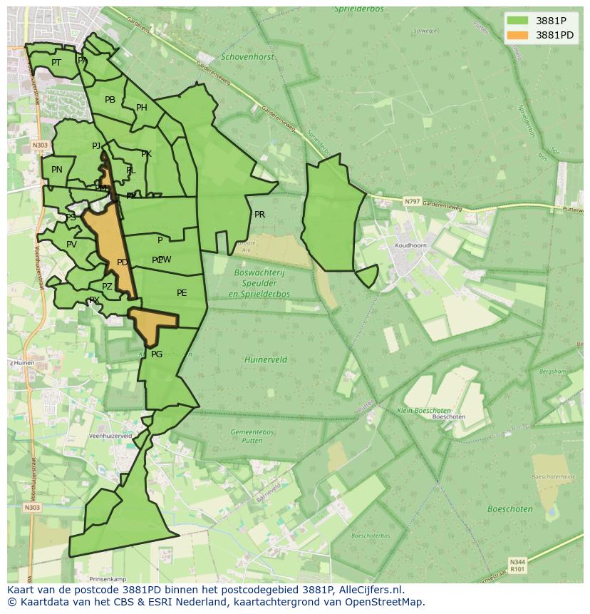 Afbeelding van het postcodegebied 3881 PD op de kaart.