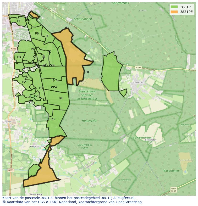 Afbeelding van het postcodegebied 3881 PE op de kaart.
