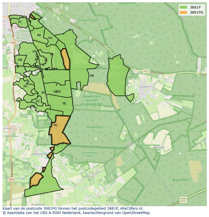 Afbeelding van het postcodegebied 3881 PG op de kaart.