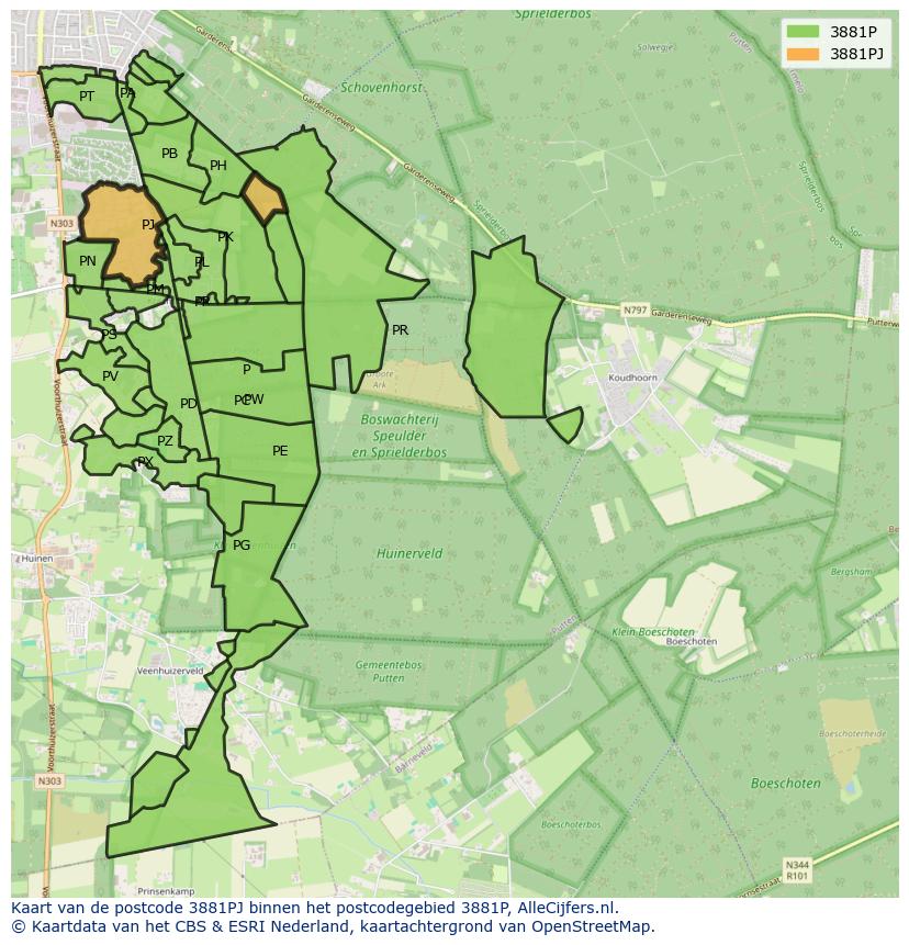 Afbeelding van het postcodegebied 3881 PJ op de kaart.