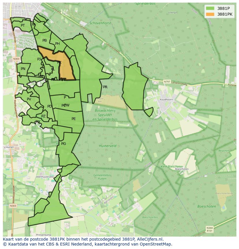 Afbeelding van het postcodegebied 3881 PK op de kaart.
