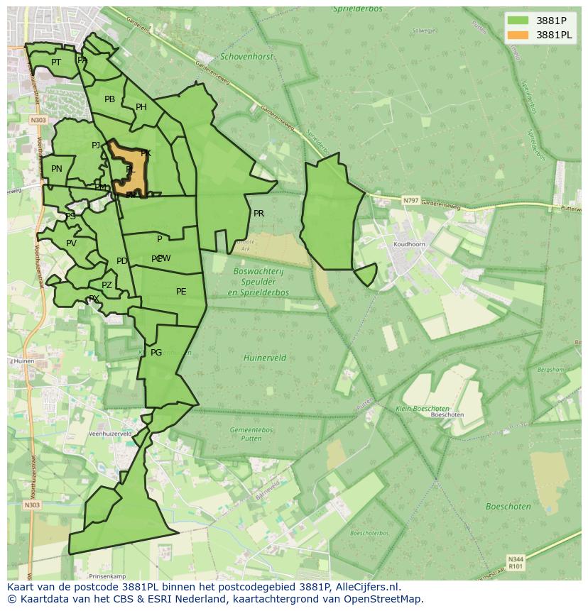 Afbeelding van het postcodegebied 3881 PL op de kaart.
