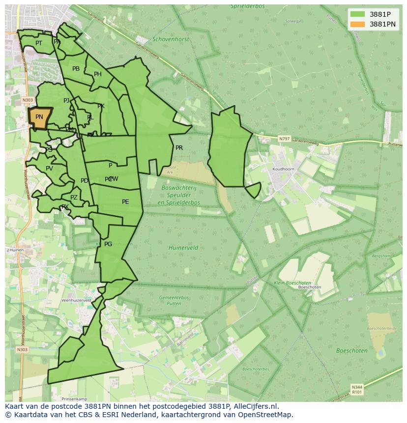 Afbeelding van het postcodegebied 3881 PN op de kaart.