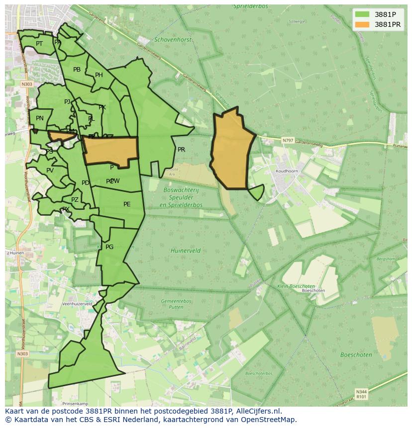 Afbeelding van het postcodegebied 3881 PR op de kaart.
