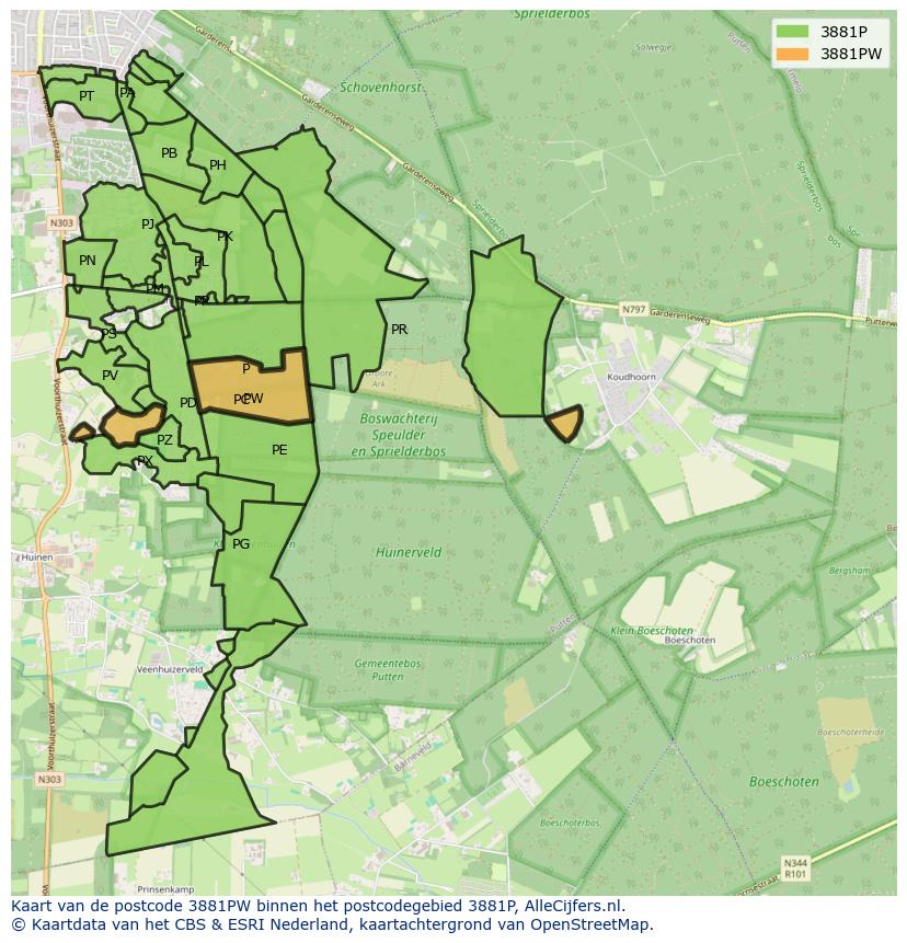 Afbeelding van het postcodegebied 3881 PW op de kaart.