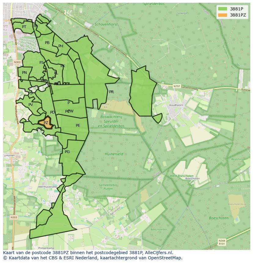 Afbeelding van het postcodegebied 3881 PZ op de kaart.