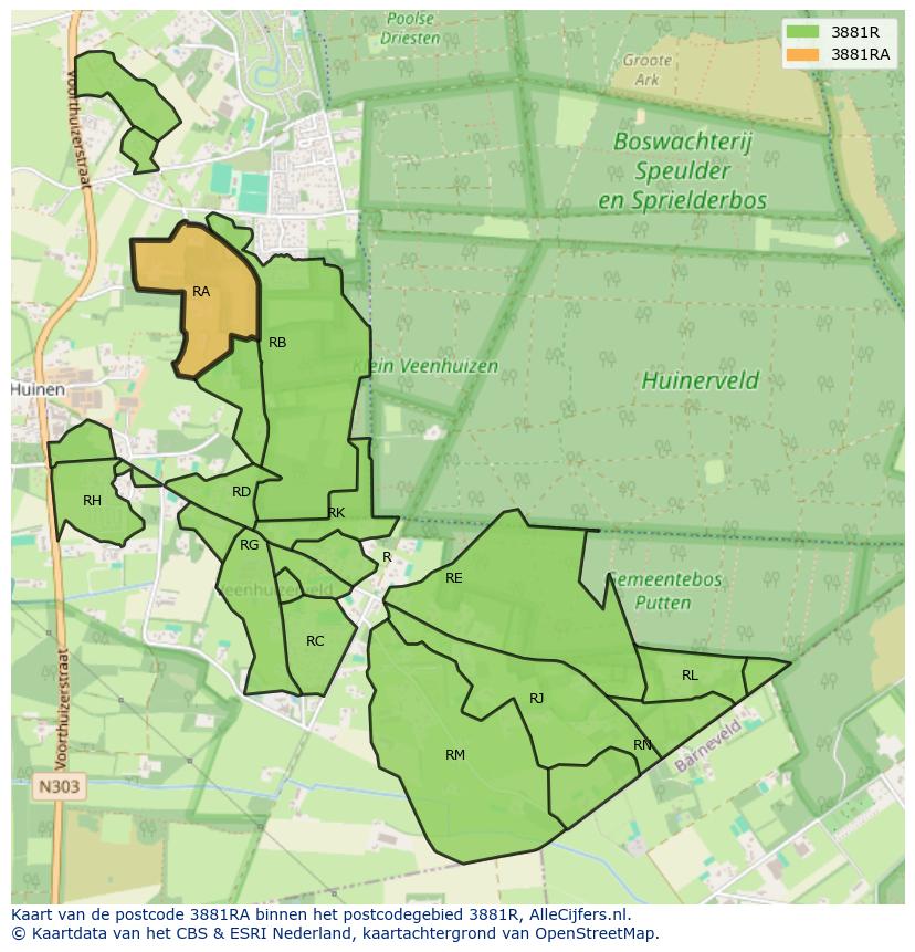 Afbeelding van het postcodegebied 3881 RA op de kaart.