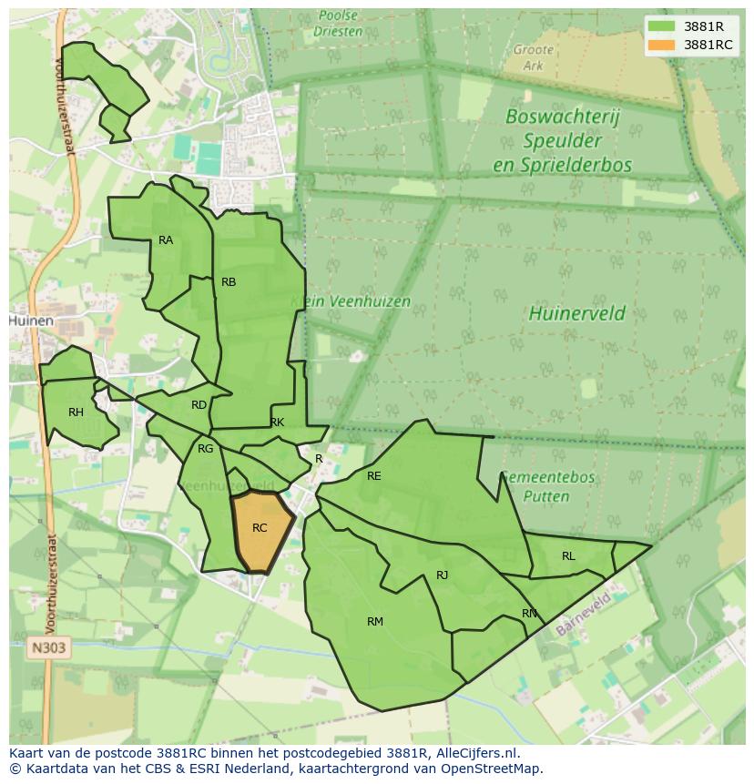 Afbeelding van het postcodegebied 3881 RC op de kaart.