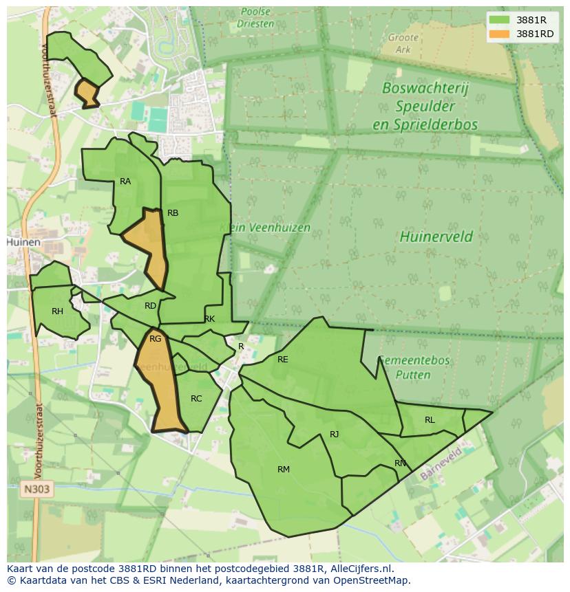 Afbeelding van het postcodegebied 3881 RD op de kaart.
