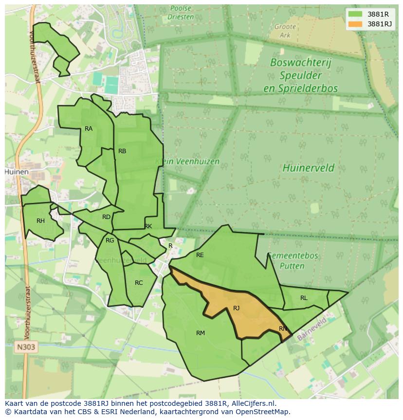 Afbeelding van het postcodegebied 3881 RJ op de kaart.