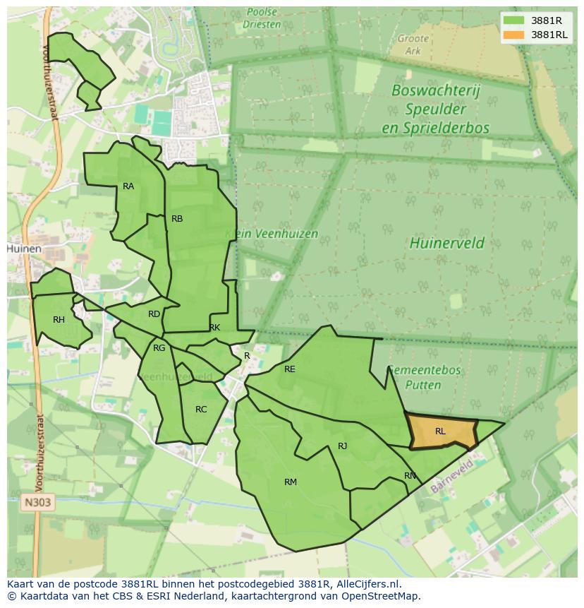 Afbeelding van het postcodegebied 3881 RL op de kaart.