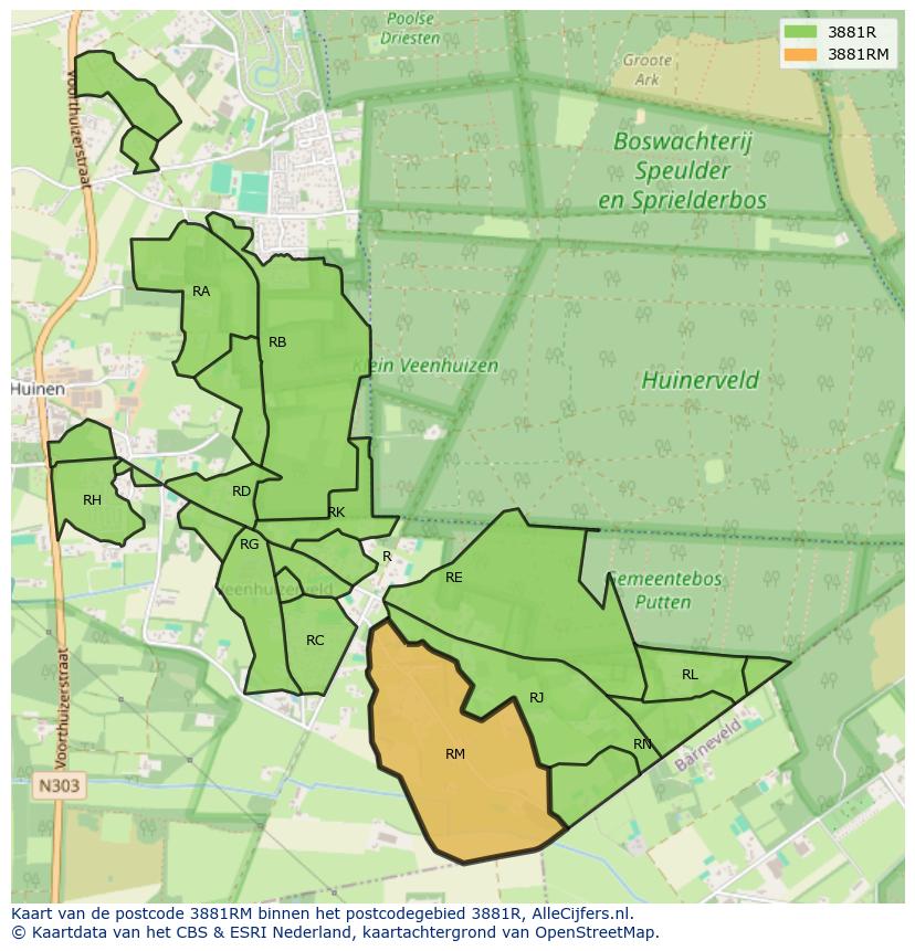 Afbeelding van het postcodegebied 3881 RM op de kaart.