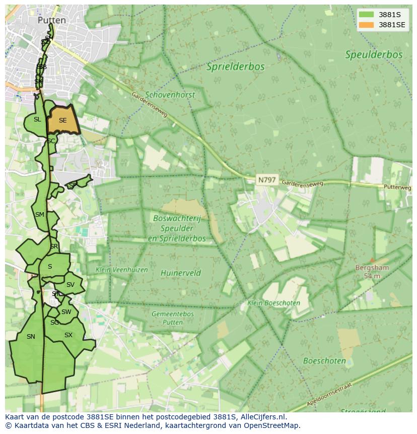 Afbeelding van het postcodegebied 3881 SE op de kaart.