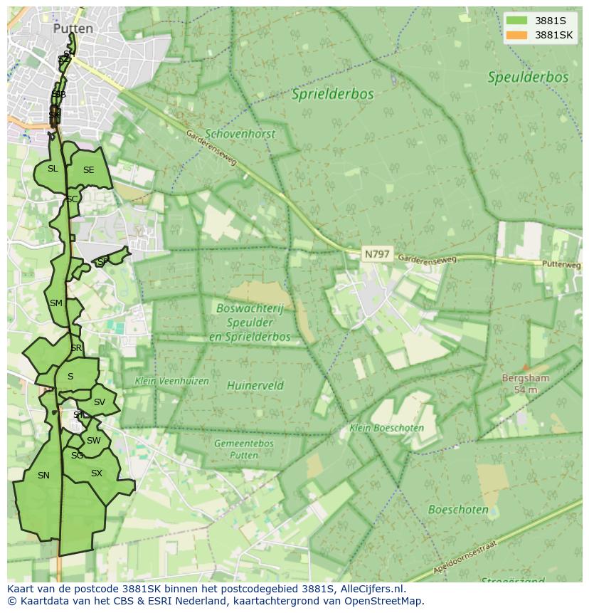 Afbeelding van het postcodegebied 3881 SK op de kaart.