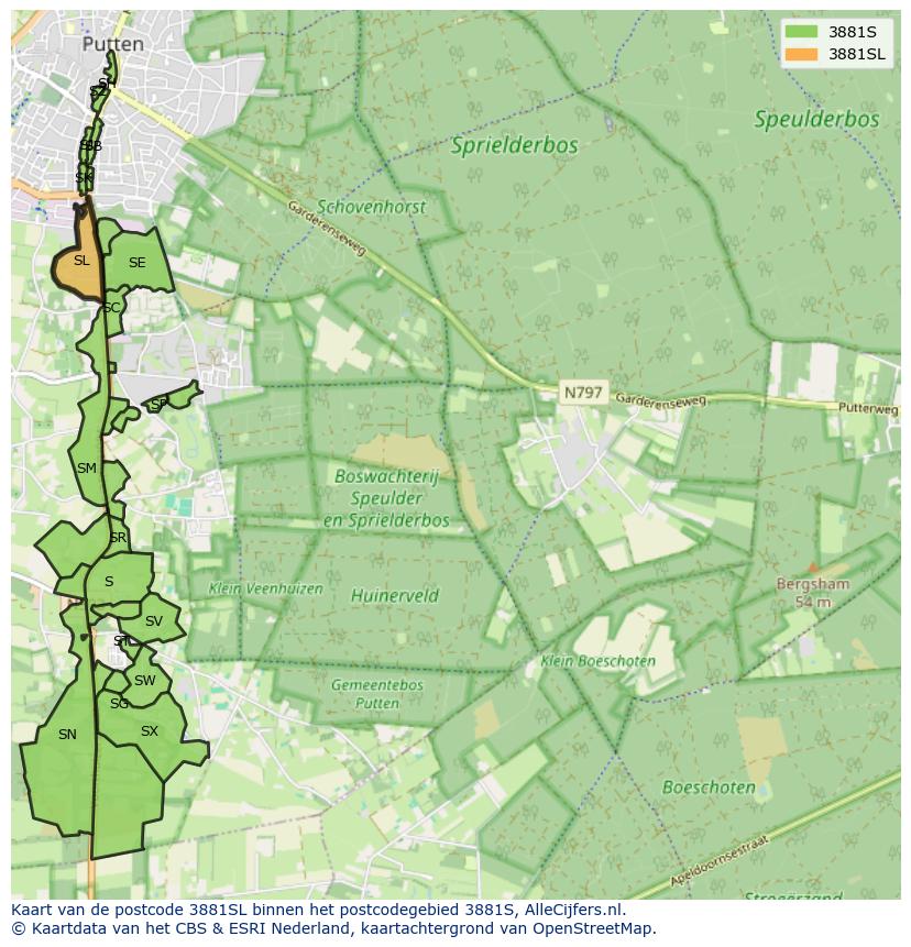 Afbeelding van het postcodegebied 3881 SL op de kaart.