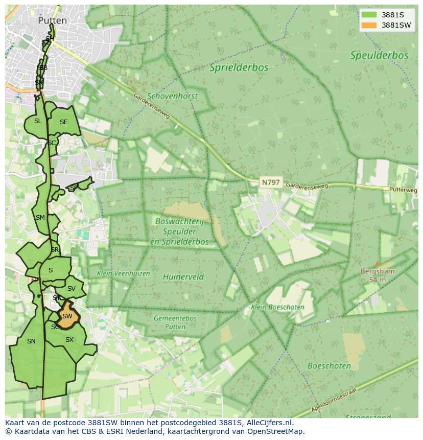Afbeelding van het postcodegebied 3881 SW op de kaart.